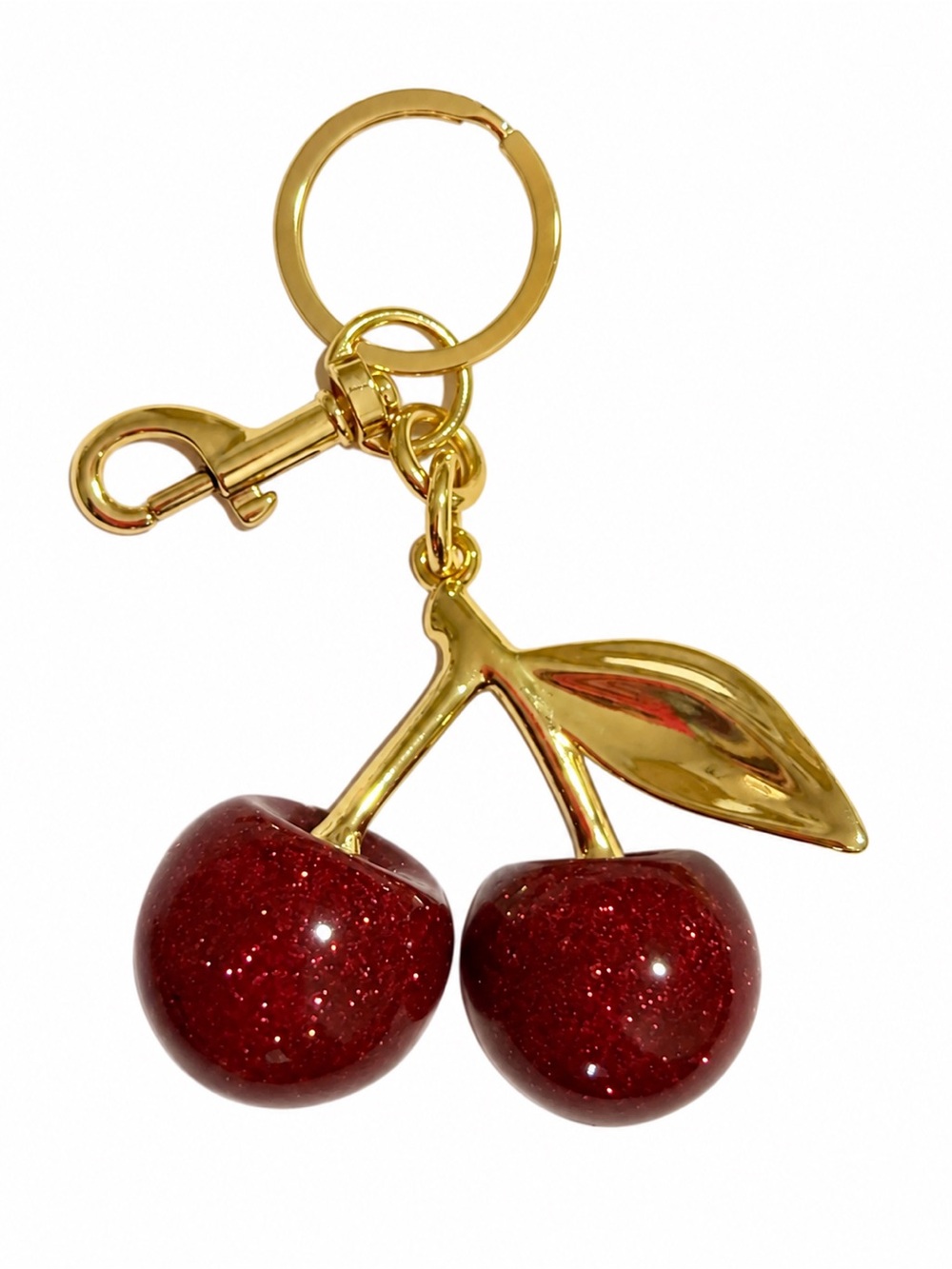 Dark Red Glitter Cherry Purse Charm Keychain Gold Tone Bag Charm